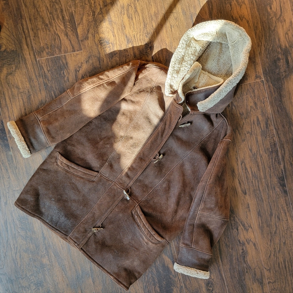 vintage brown shearling wool heavy car coat duffle toggle hooded oversized 90s - Picture 5 of 8